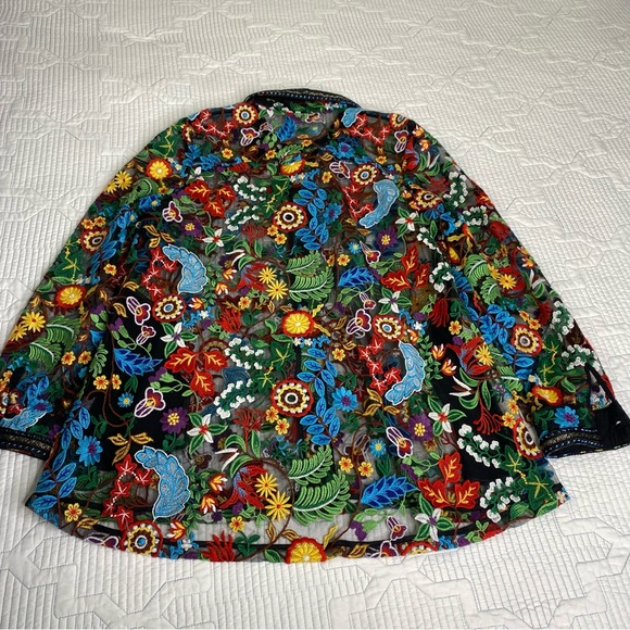 BEREK Petite L Floral Embroidered Black Mesh Button Down Shirt Blouse *flaw - Picture 9 of 14